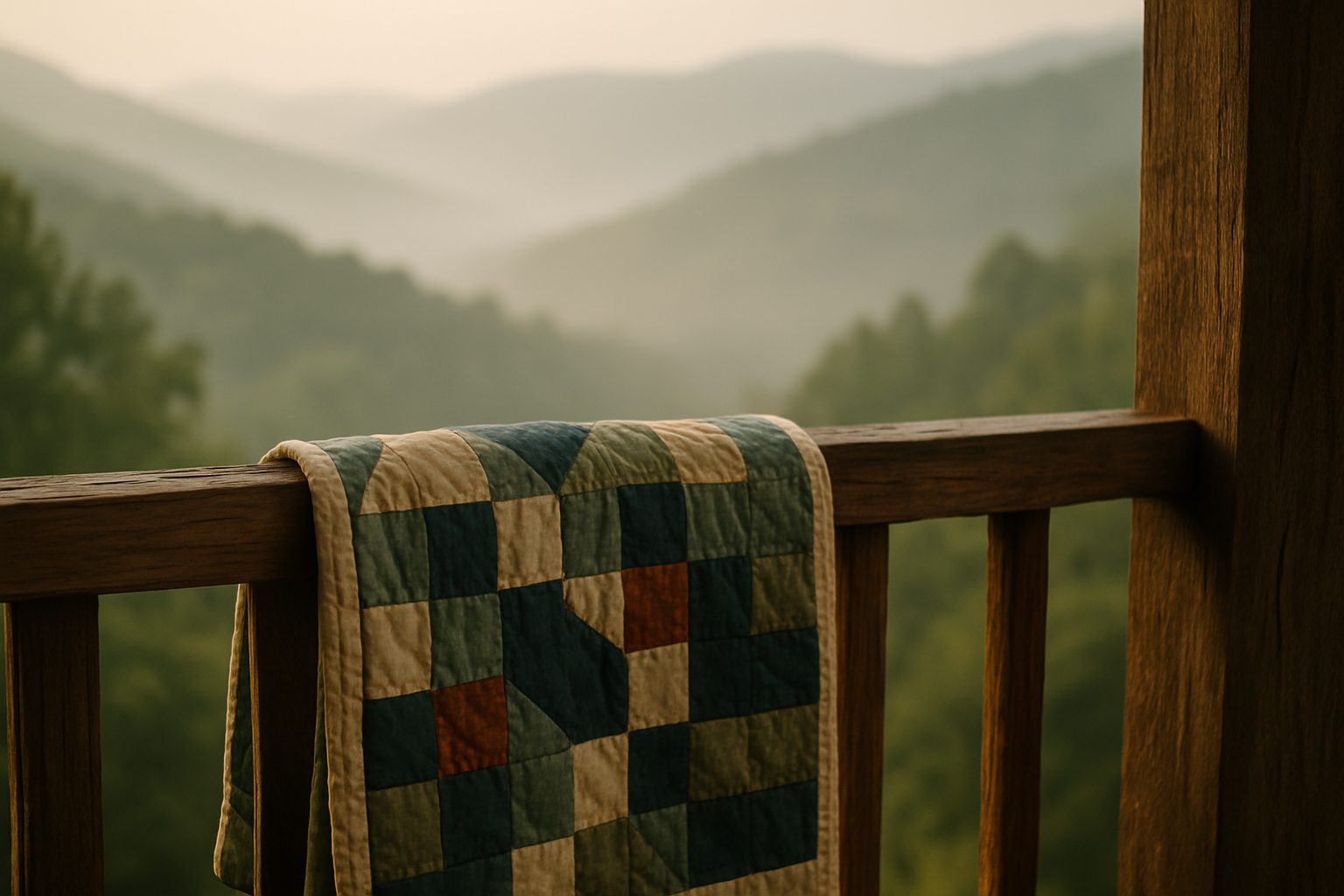 Quilt draped on a porch rail with misty mountains behind